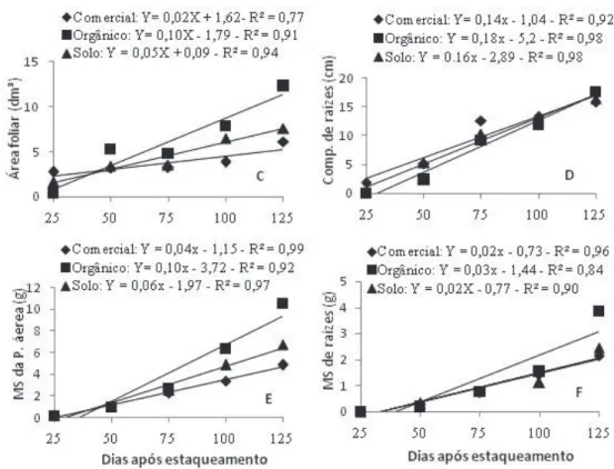 FIGURA 2 - Equação de regressão para área foliar (C), comprimento de raízes (D), massa seca da parte aérea (E)  e massa seca de raízes (F) em mudas cafeeiras (Coffea canephora) produzidas em diferentes substratos e avaliadas  aos 25, 50, 75, 100 e 125 dias