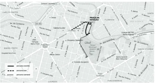 Figura 4: Recorte de mapa do Centro de Belo Horizonte contendo os trajetos reali- reali-zados nas três situações narradas pelas imagens