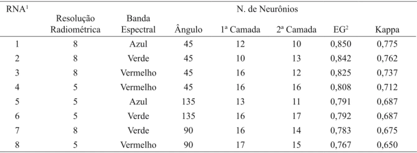 TABELA 3 - Redes neurais artificiais que apresentam os maiores coeficientes Kappas com amostras representativas  de cada classe de interesse (cafeeiro novo, cafeeiro em desenvolvimento, cafeeiro em produção).
