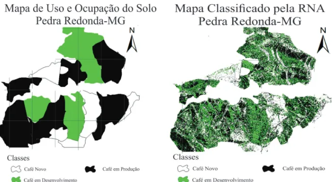 FIGURA 5  -  (a)  Mapa  de  referência  e  (b)  mapa  classificado  pela  rede  neural  artificial  para  a  fazenda  Pedra  Redonda no segundo estudo de caso.