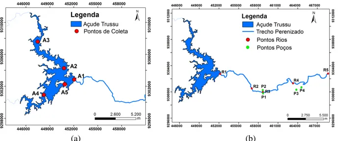 Figura 2. Sistemas hídricos: (A) Açude Trussu, e (B) Águas superficiais e subterrâneas no Trecho  perenizado do rio Trussu, Ceará