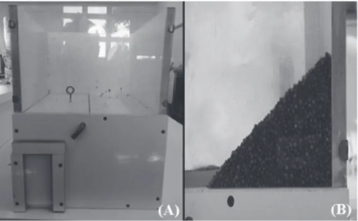 figura 1 - Dispositivo utilizado para determinação experimental do ângulo de repouso, (A) vazio e (B) detalhe  do talude formado por frutos de café.