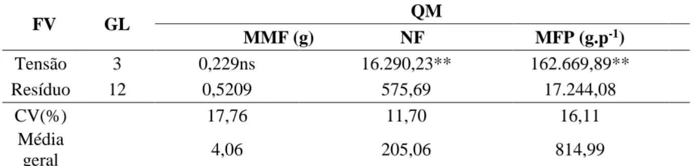 Tabela 1. Análise de variância para as médias da massa média dos frutos (MMF), número médio de frutos  por planta (NF), massa  média de frutos  por planta (MFP), em  função dos  tratamentos  no experimento  I  (Fase Vegetativa)