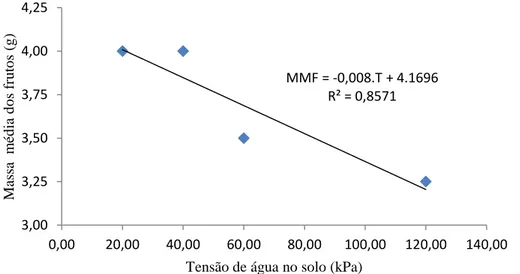 Figura 3. Massa média dos frutos em função das tensões de água no solo no experimento II (Fase Reprodutiva)
