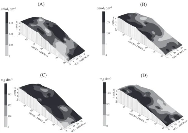 FIGURA 3 - Mapas de distribuição espacial dos macronutrientes do solo: cálcio (A), magnésio (B), potássio (C)  e fósforo (d).