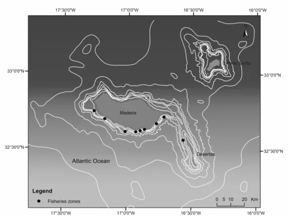Fig. 1.  Madeira archipelago map showing the location of some of the fishing zones  (black dots) for Scomber colias, according to positional data available for 2002-2005