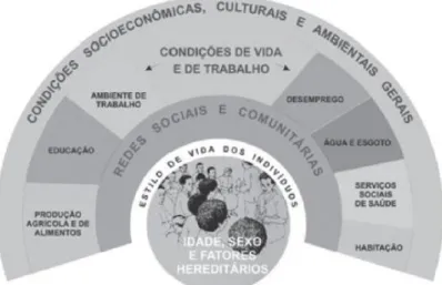 Figura 1 - Modelo de determinação social da saúde proposto em 1991 por Dahlgren e  Whitehead (2007)