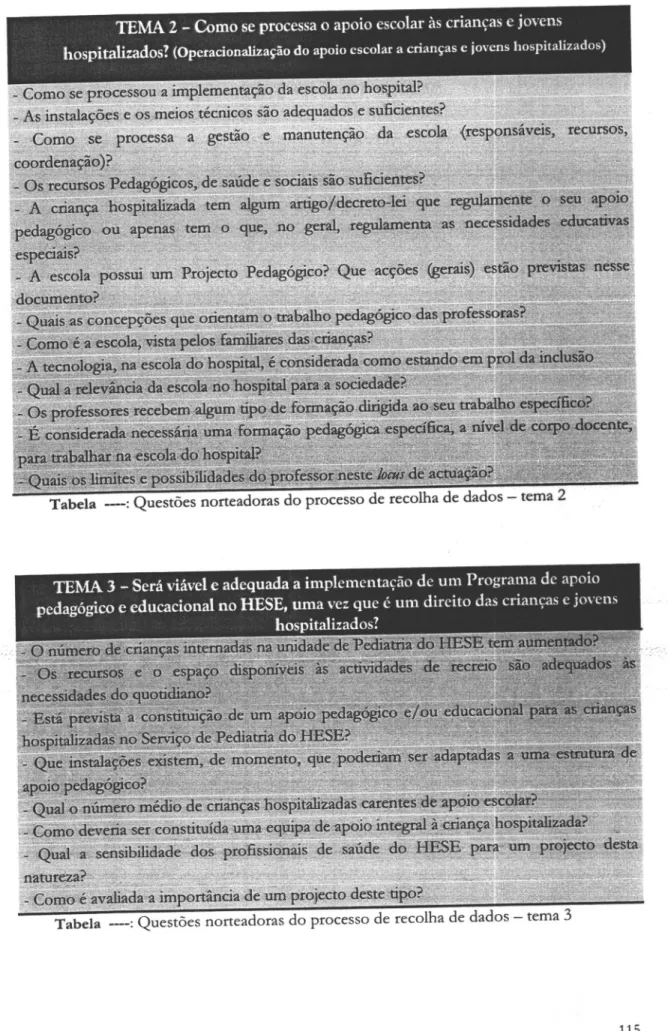 Tabela  ---:  Questões norteadoras do  processo  de  recolha de dados  -  tema  3