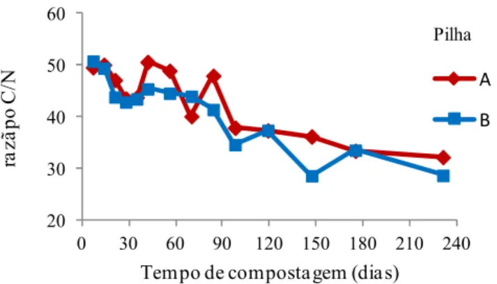 Figura 3.10 - Evolução da razão C/N das pilhas de compostagem com maior (A) e menor  (B) frequência de revolvimento ao longo do tempo.