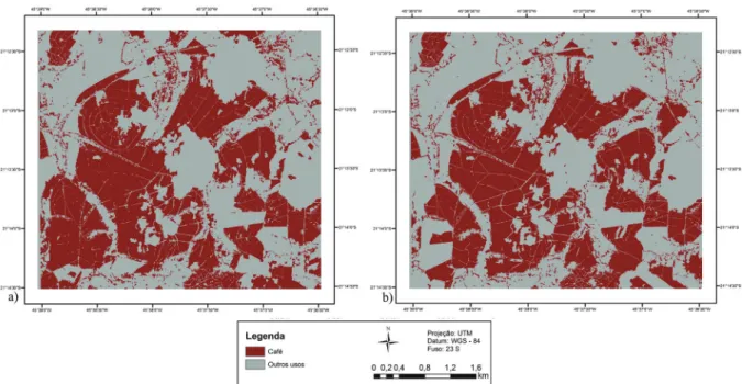 fiGura 4 - Em a) Mapa da análise de imagem orientada a objetos utilizando o algoritmo KNN e em b) Mapa da  análise de imagem orientada a objetos utilizando o algoritmo SVM.