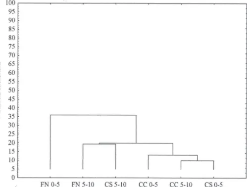 FIGURA 1 - Dendrograma apresentando as distâncias de ligação entre os sistemas nas profundidades de 0-0,05 m  e 0,05-0,10 m