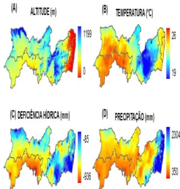 Figura  2. Variabilidade  espacial  da  altitude  (A),  temperatura  do  ar  (B),  deficiência  hídrica  do  solo  (C)  e  precipitação  pluvial  (D)  para  o  Estado  de  Pernambuco 