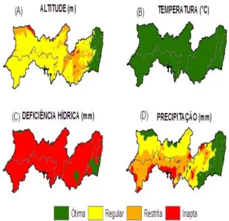 Figura  3.  Áreas  aptas  para  o  cultivo  do  caju  no  Estado  de  Pernambuco  considerando  as  variáveis  agroclimáticas  analisadas,  altitude (A), temperatura  do  ar  (B),  deficiência  de  água  no  solo  (C)  e  precipitação (D)