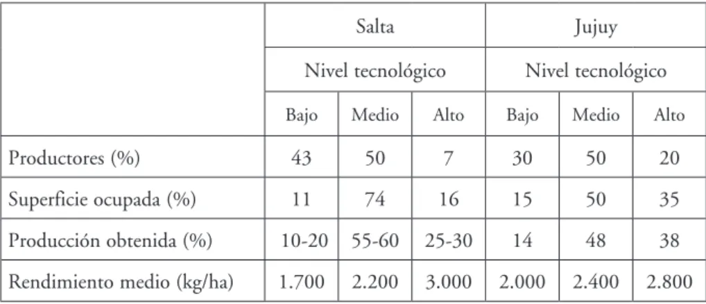 Cuadro 4 – Productores, superficie ocupada, producción obtenida y rendimiento medio  por nivel tecnológico; Salta y Jujuy