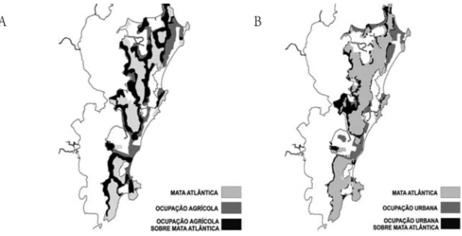 Figura 4 – Ilha de Santa Catarina. A) Impactos da agricultura colonial sobre a Mata Atlân- Atlân-tica