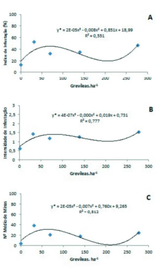 FIGURA 3 - Estimativa do índice de infestação (A), intensidade de infestação (B) e número médio de minas (C)  de Leucoptera coffeella em cafeeiros, em função da densidade de grevílea, no mês de setembro/11.