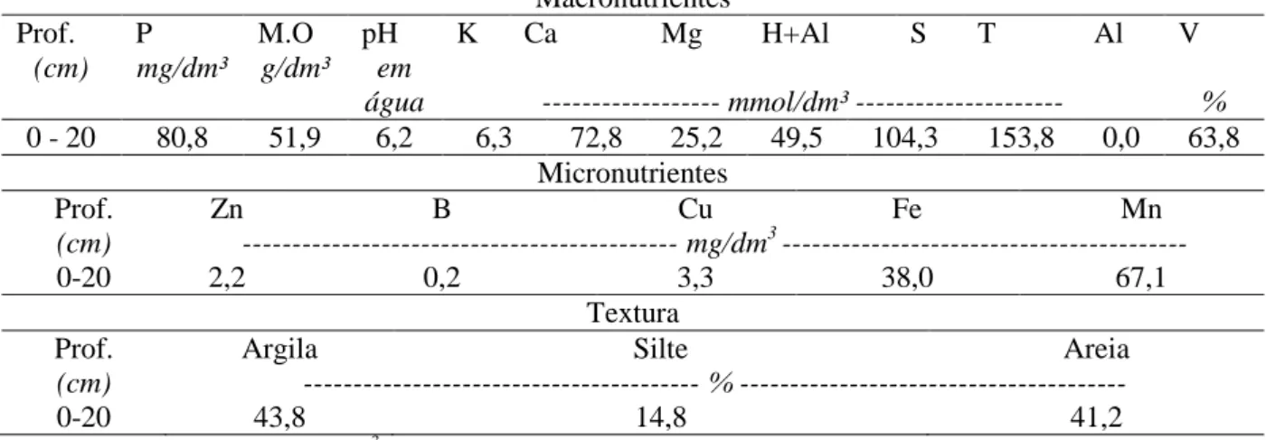 Tabela  1.  Características  químicas  e  físicas  do  solo  da  área  experimental,  Latossolo  Vermelho  Distroférrico, na camada de 0 – 20 cm de profundidade antes da implantação do pesquisa