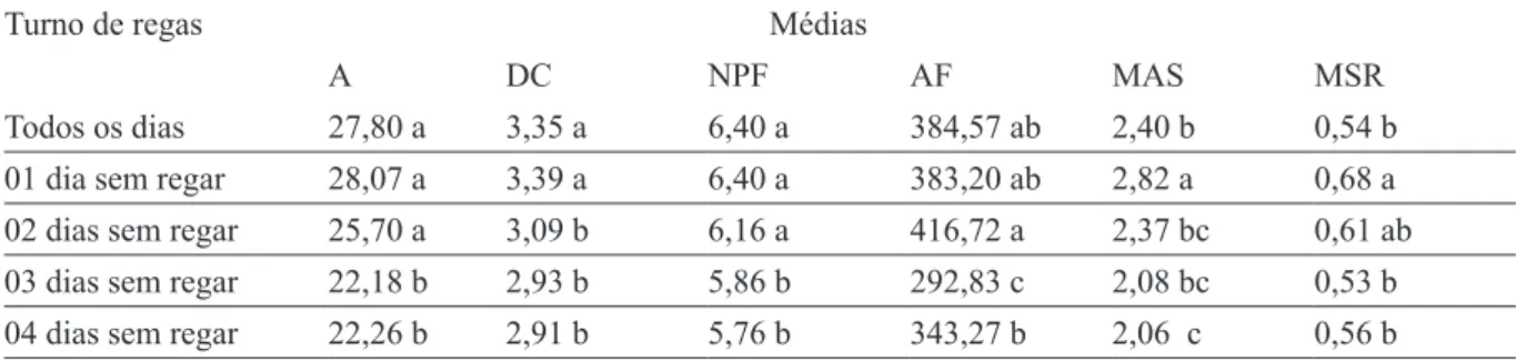 TAbELA 5 - Tabela resumo das médias altura (A) em cm, diâmetro do caule (DC) em mm, número de pares de  folhas (NPF), área foliar (AF), massa seca parte aérea (MSA) em gramas e massa seca raízes (MSR) em gramas,   de mudas de café em saquinhos.