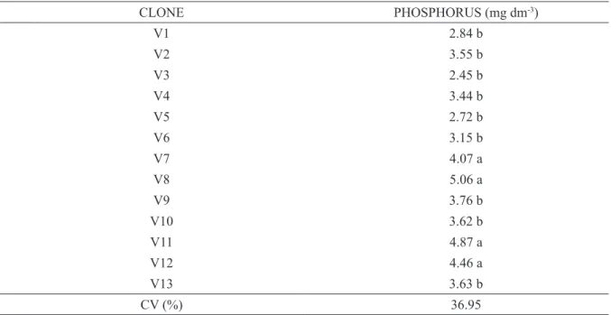 TABLE 6 - Average content of phosphorus (mg dm -3 ) at soil in function of the clones cultivar coffee conilon 
