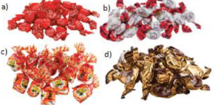 Figura  2 - Rebuçados e drops, a) Bolas de Neve, b) Dr. Bentes Peitoral, c) Mel com recheio e d) Coco e  Chocolate