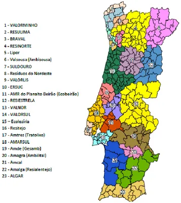 Figura 4.4 - Sistemas de Gestão de RU (Multimunicipais e Intermunicipais) em Portugal  Continental em janeiro de 2011 