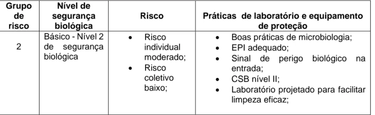 Tabela 1: Relação entre grupo  de risco com o nível de segurança, os riscos, as práticas  e os  equipamentos  Grupo  de  risco  Nível de  segurança biológica 