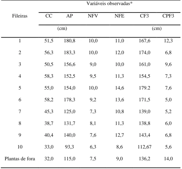 Tabela 2 - Valores  médios da circunferência do coleto (CC); altura da planta (AP); número de folhas  vivas  (NFV);  número  de  folhas  emitidas  (NFE);  comprimento  da  folha  três  (CF3);  comprimento  do  pecíolo na folha três (CPF3) de plantas de coq