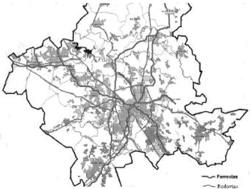 Figura 3 – A urbanização da Região Metropolitana de Campinas. Atente-se para a exces- exces-siva fragmentação da mancha urbana