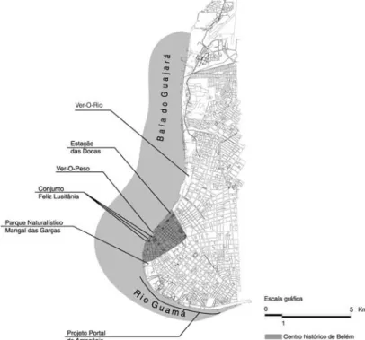 Figura 1 – Mapa esquemático de parte do território do município de Belém, com indica- indica-ção de pontos de intervenções urbanísticas em suas margens fluviais e com a poligonal do centro histórico, tombado por lei municipal