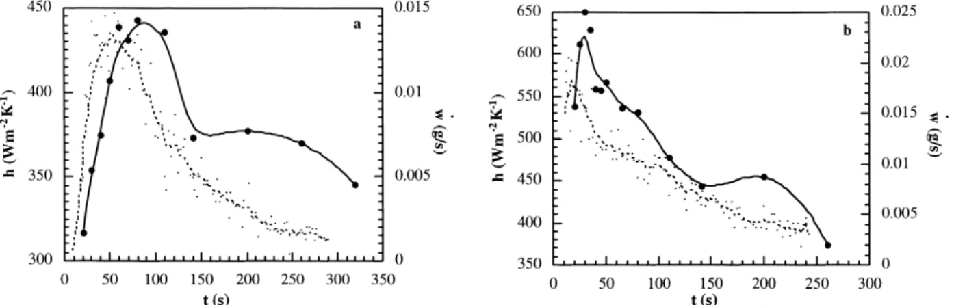 Fig. 5. Heat transfer coecient measured with the direct method () and water loss rate ( : ) changes during frying of French-fries at 140°C (the lines represent a smooth ®t).