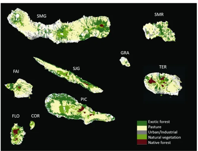 Figure 3. Land use in the nine islands of the Azores. SMR – Santa Maria, SMG – São Miguel, TER – Terceira,  SJG – São Jorge, PIC – Pico, FAI – Faial, GRA – Graciosa, FLO – Flores and COR – Corvo