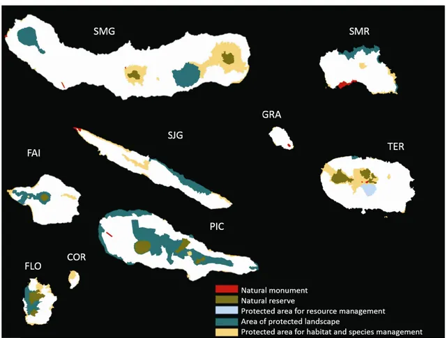 Figure 4. Protected areas in the nine Azorean islands. SMR – Santa Maria, SMG – São Miguel, TER – Tercei- Tercei-ra, SJG – São Jorge, PIC – Pico, FAI – Faial, GRA – Graciosa, FLO – Flores and COR – Corvo