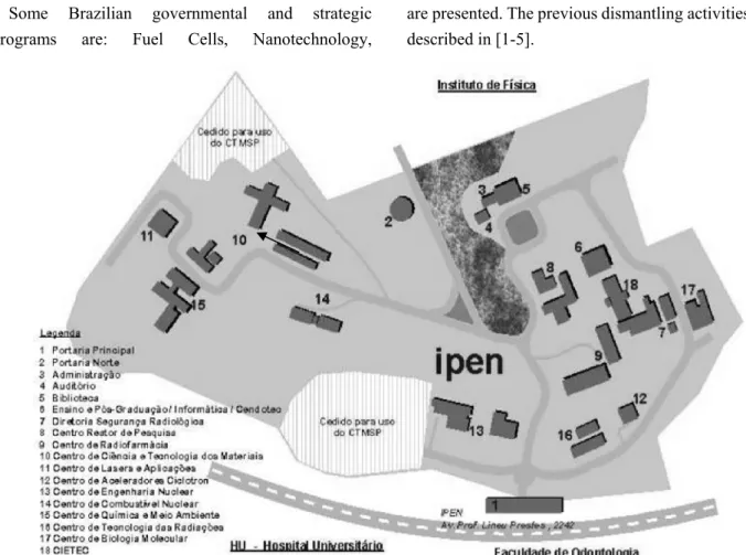 Fig. 1    Localization of the IPEN’s fuel cycle facilities (left) and the ADU dissolution and uranyl nitrate purification building  (arrow)
