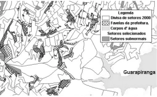 Figura 3 – Setores censitários e favelas. São Paulo, trecho de Jardim Ângela.