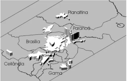 Figura 6 – Ilustração convencional de densidades de zonas urbanas do Distrito Federal, por Região Admin- Admin-istrativa (a título de exemplo, foram nomeadas algumas zonas urbanas).