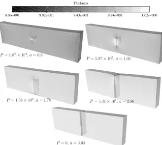 Figure 6: Pulling test: thickness contour plots for G F = 20 consistent units. The true deformed  geom-etry is shown