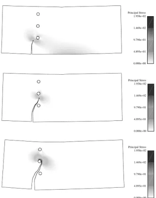 Figure 11: Bittencourt’s drilled plate: specimen #1 load-vertical displacement and load-CMOD results for the loaded point for four values of G F .