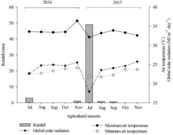 Figure 1- Rainfall, minimum and maximum air temperatures (°C) and global solar radiation incident on the surface (Rg, MJ  m -2   d -1 ) along the colored cotton cycle in the 2016 and 2017 seasons