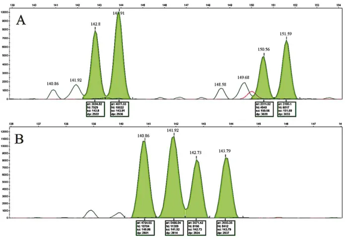 Figure 4 illustrates the electrophoretic patterns of two loci contained in the proposed multiplex, in which it is possible to observe the absence of a stutter pattern for SSR-tetranucleotides