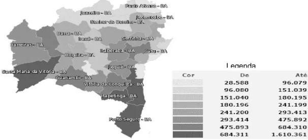 Figura 1. Efetivo dos rebanhos (cabeças) bovinos por microrregião geográfica no estado  da Bahia no ano de 2013 