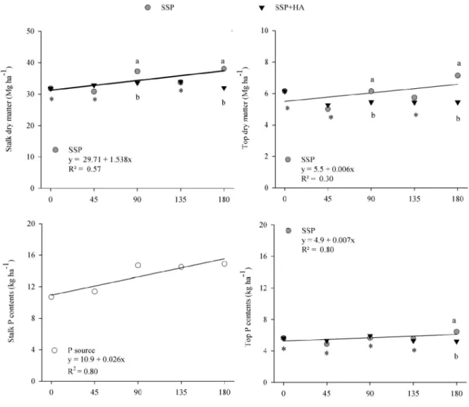 Figure 1 - Stalk and top dry matter and phosphorus (P) content in soil fertilized with simple superphosphate (SSP) and superphosphate complexed with humic acid (SSP+HA), using P doses (0, 45, 90, 135 and 180 kg ha -1  P 2 O 5 ) in plant cane