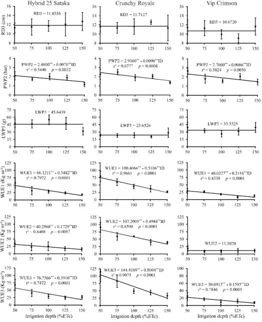 Figure 2 - Estimated root depth (RD) in cycle 3, plant water potential (PWP) in cycle 2, leaf weight per plant (LWP) in cycle 3, and water use efficiency (WUE) in cycles 1, 2 and 3 as a function of irrigation depth, in radish cultivars