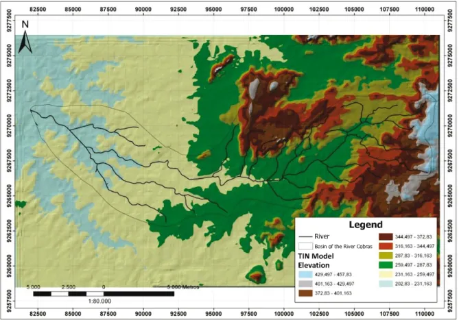 Figure 5 - TIN elevation model of the terrain in the area of influence of the River Cobras sub-basin, RN