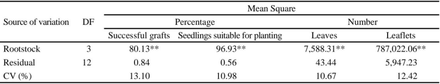 Table 1 - Analysis of variance of the percentage of successful grafts, seedlings suitable for planting, number of leaves and leaflets in grafted seedlings of the Itaitinga clone of the yellow mombin on Spondias rootstock
