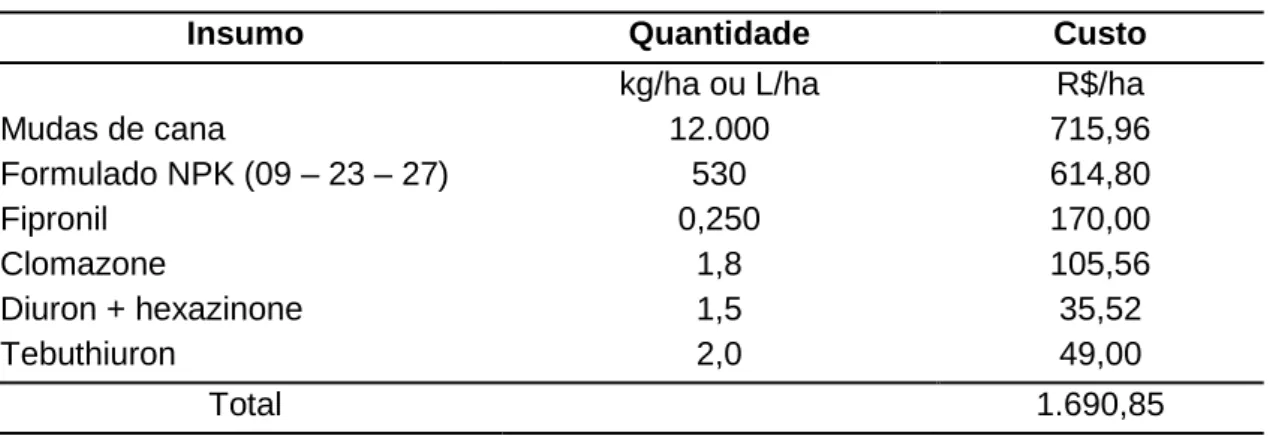 Tabela 3. Custos de insumos no plantio e tratos em cana-planta em Caarapó – MS 
