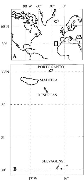 Fig. 1. Madeira Archipelago: location in the Atlantic Ocean (A) and relative position of the islands (B).
