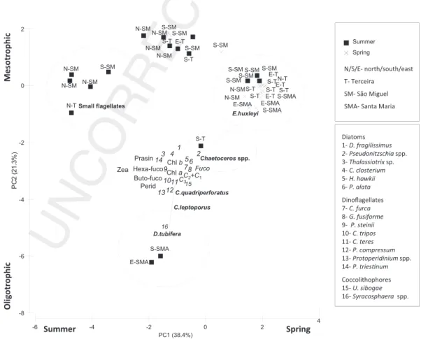 Fig. 6. Distribution of phytoplankton species and pigments in the space deﬁned by the ﬁrst (PC1) and second (PC2) components.