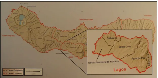 Fig. 1 - Divisão administrativa da Ilha de S. Miguel com destaque do Concelho da Lagoa  Forjaz, 2004: 91 (adaptado) 