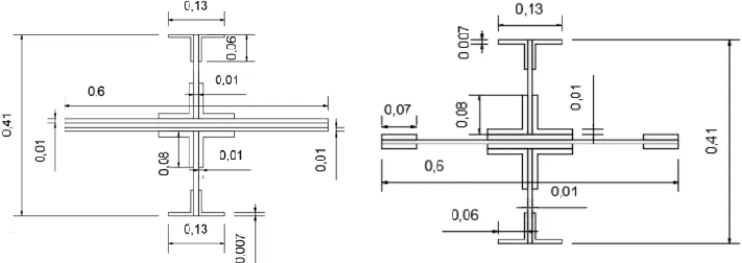 Figura 3.10 - Secções transversais e dimensões gerais em centímetros dos montantes sobre os apoios da ponte