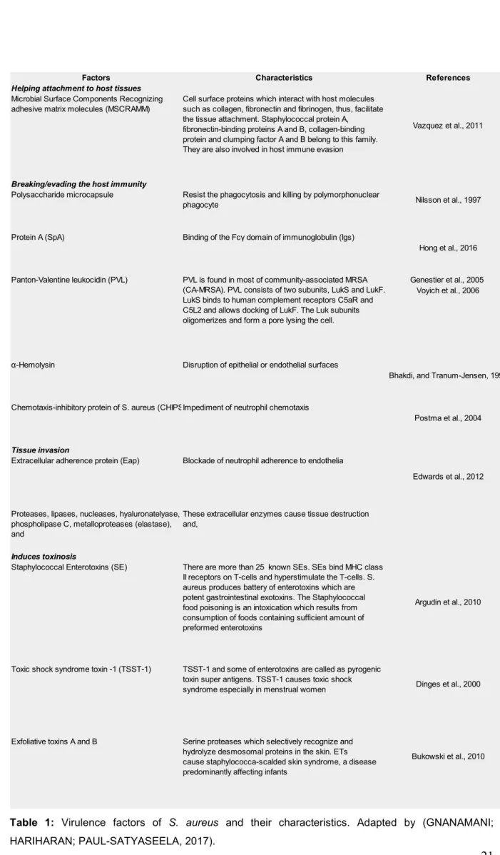 Table  1:  Virulence  factors  of  S.  aureus  and  their  characteristics.  Adapted  by  (GNANAMANI; 
